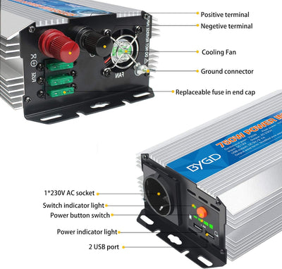 BYGD Spannungswandler 12V auf 230V 750W/1500W,Wechselrichter DC 12V auf AC 230V Inverter und 2 USB A