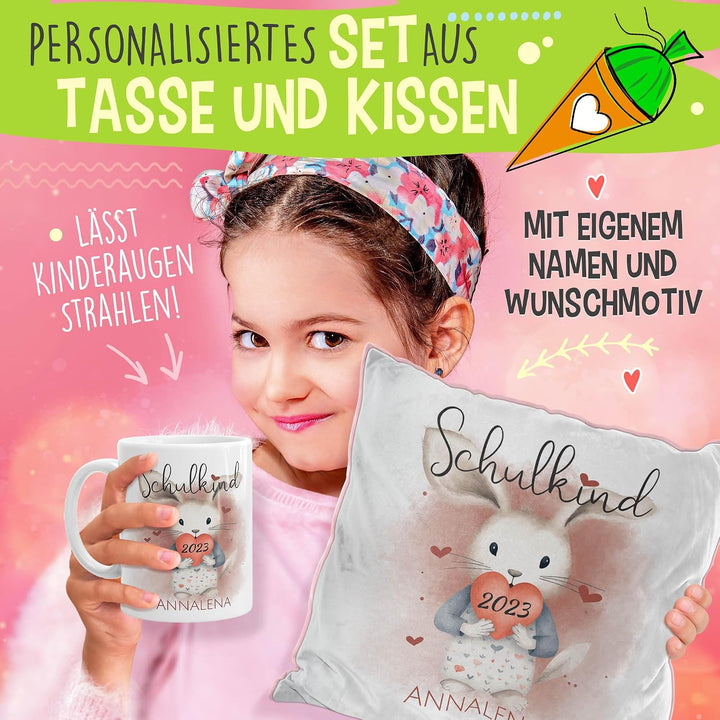 PR Print Royal Einschulung Geschenke-Set - Schulkind mit Name und Jahr personalisiert - Hase, person