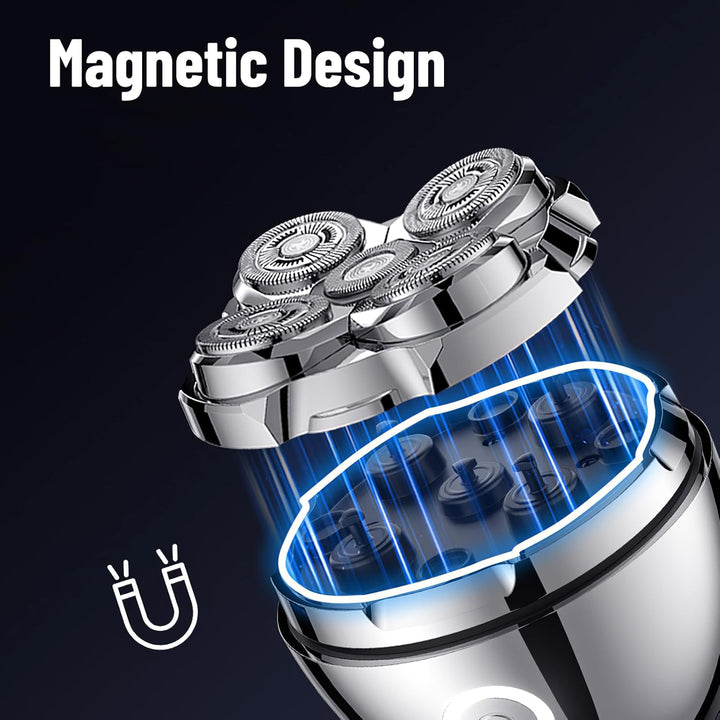 Rotationsrasierer für Männer – Magnetischer Glatzenrasierer mit 5D Scherköpfen | IPX7 Wasserdicht &