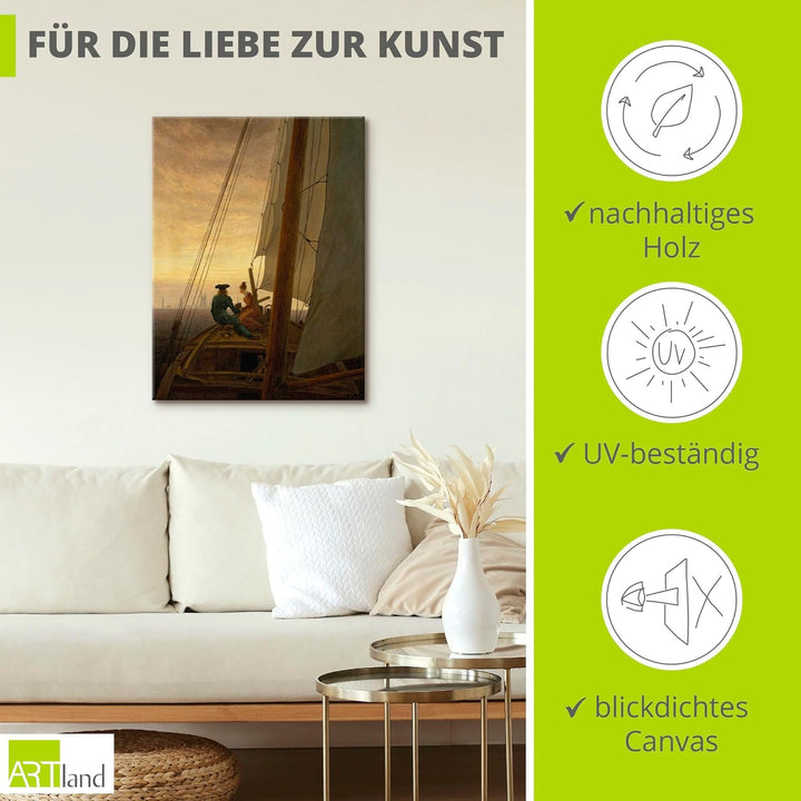 ARTland Leinwandbilder Wandbild Bild auf Leinwand 60x80 cm Wanddeko Meer Segeln Boot Segeltuch Auf d