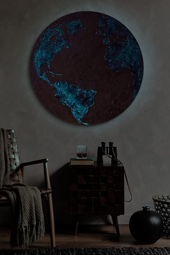 YS-Art Abstrakt Fluoreszierendes leuchtendes Acryl 3D Gemälde auf runder Leinwand Silberner Planet h