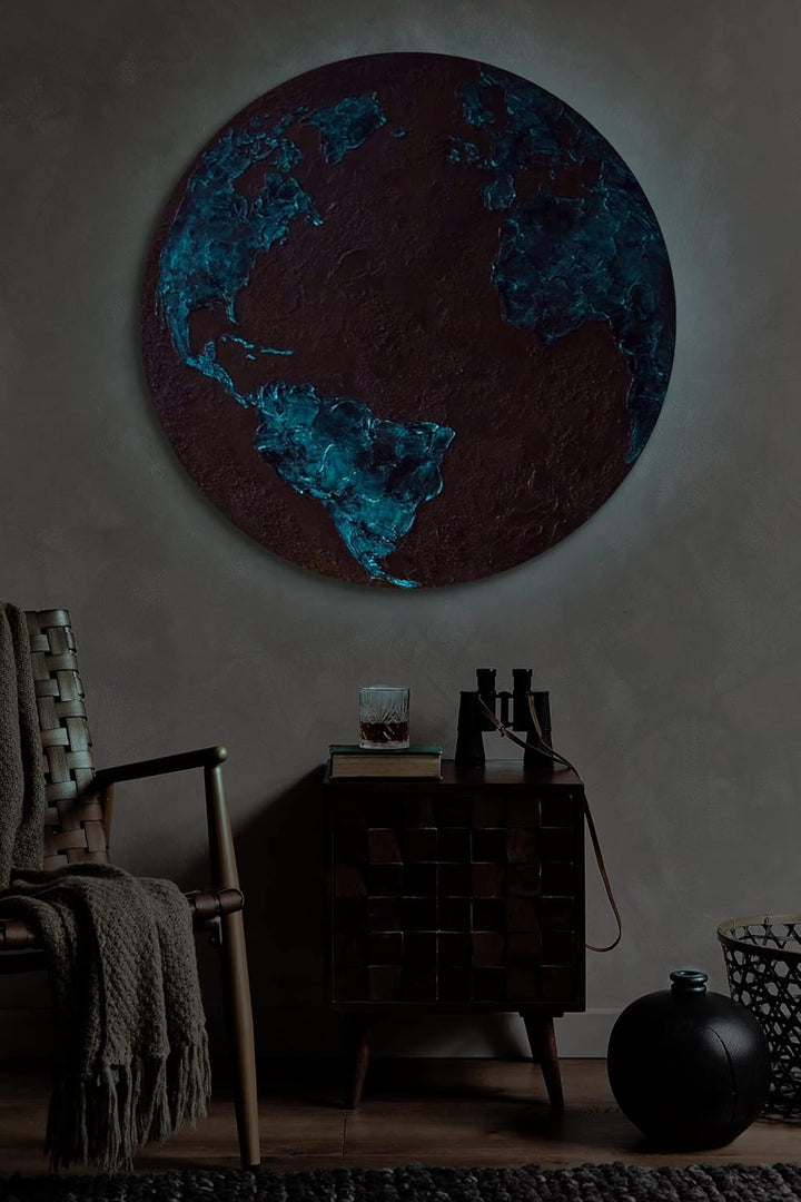 YS-Art Abstrakt Fluoreszierendes leuchtendes Acryl 3D Gemälde auf runder Leinwand Silberner Planet h