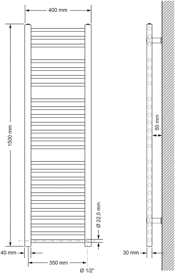 LuxeBath Badheizkörper Elektrisch mit Heizstab 900W Grosse Leistung - 400 x 1500 mm - Weiss - gerade