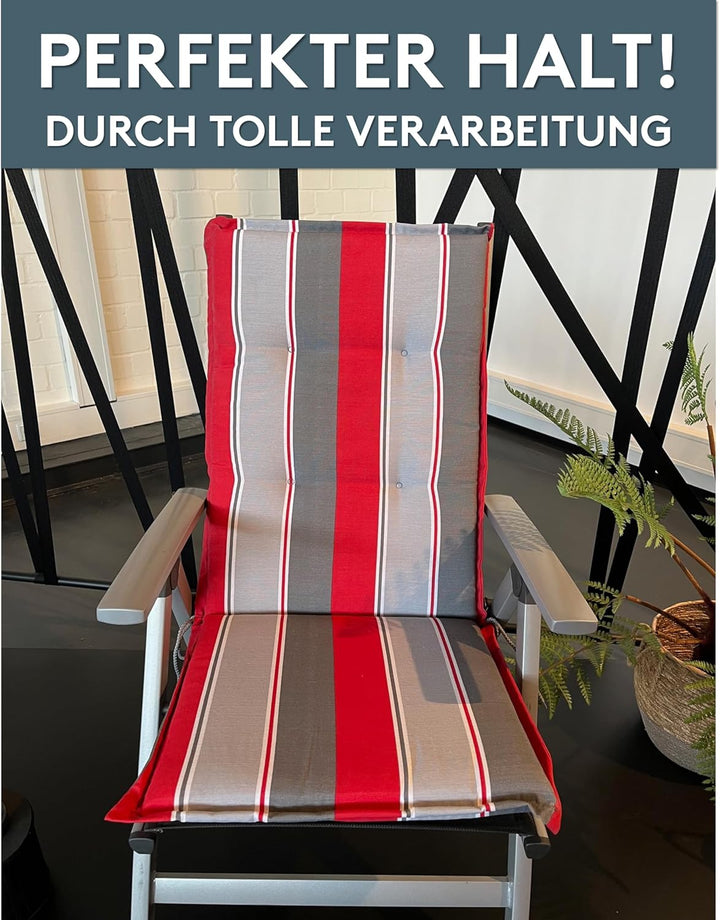 LILENO HOME Gartenstuhl Auflagen als [2er Set - Hochlehner] in Streifen Rot Grau Neu - Bequeme Liege