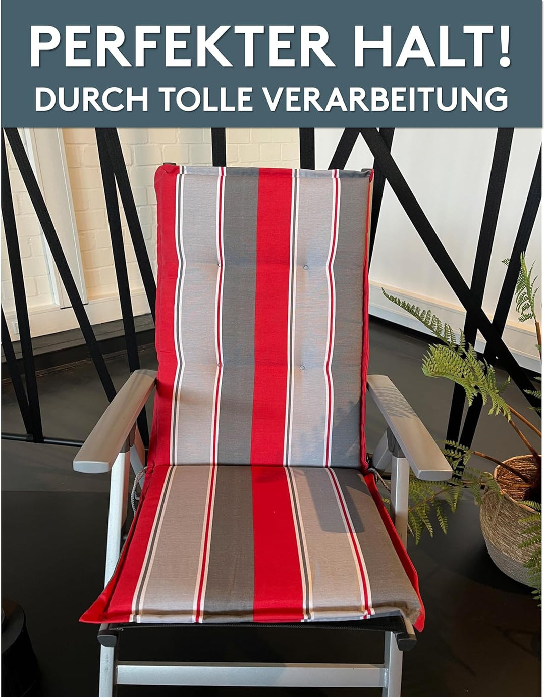 LILENO HOME Gartenstuhl Auflagen als [1er Set - Hochlehner] in Streifen Rot Grau Neu - Bequeme Liege