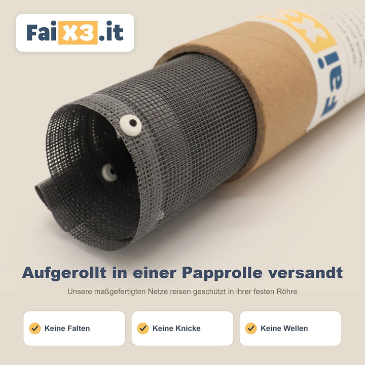 FaiX3.it - Ersatznetz für Fliegengitter, Massanfertigung, Farbe grau, verstärkte Kanten und winddich