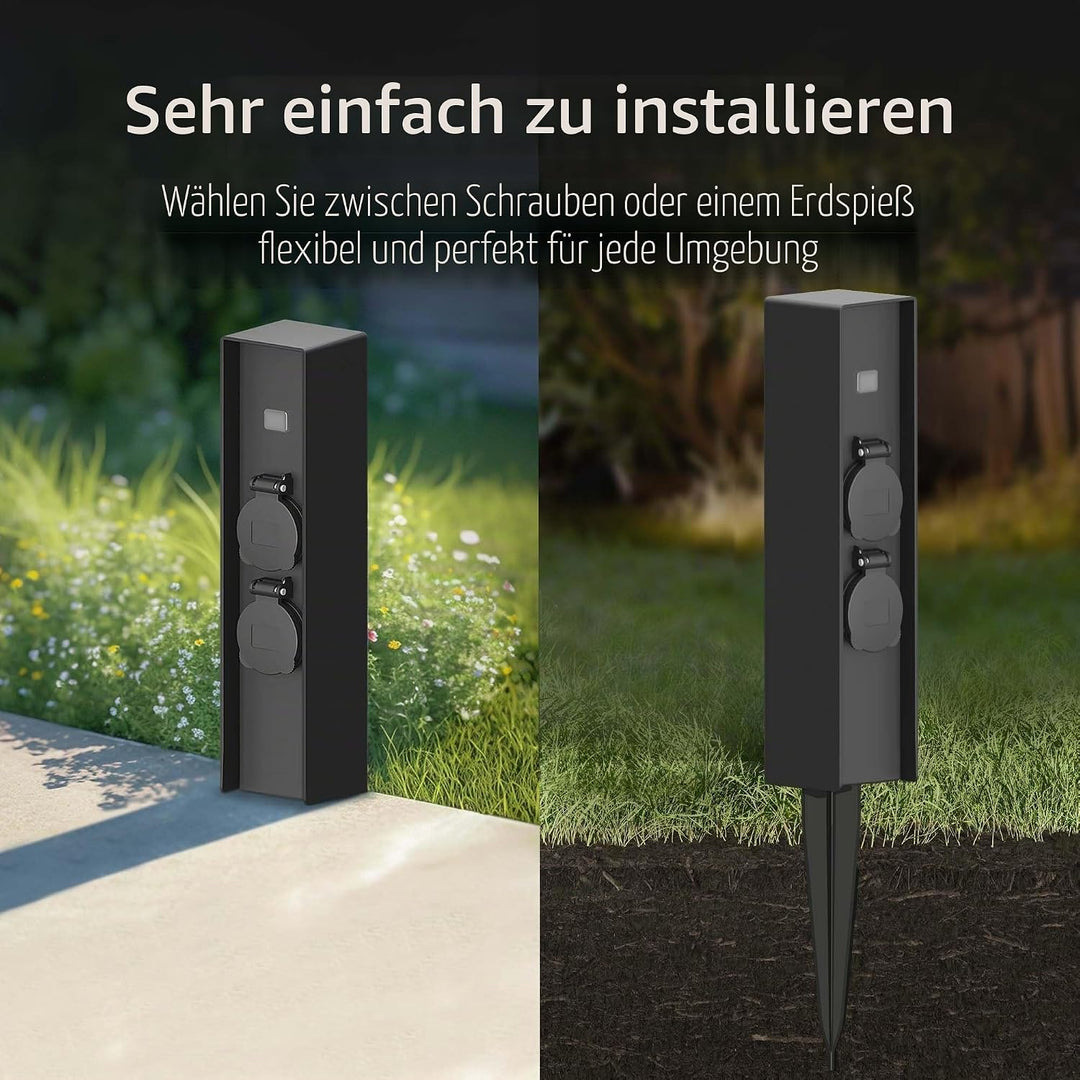 Ledvion - Aussensteckdose mit Pfahl, Inkl. Sensor, 2 Steckdosen, Wasserdicht IP44, 3 Jahre Garantie