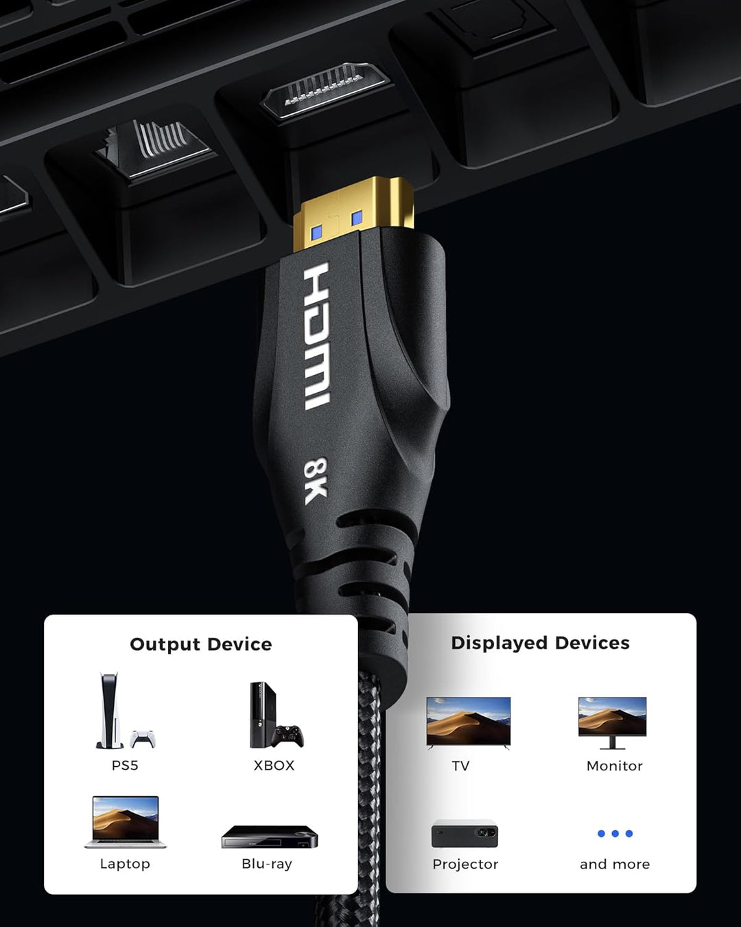 8K HDMI Kabel 4 Meter - High Speed HDMI Kabel 48Gbps, 8K 60Hz, 4K 120Hz, Geflochten, eARC, ARC, HDCP