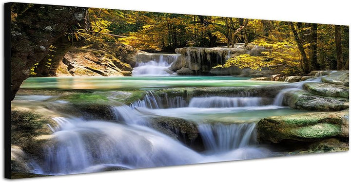 Paul Sinus Art Panoramabild auf Leinwand und Keilrahmen 150x50cm Thailand Erawan Wasserfall Moos Ste