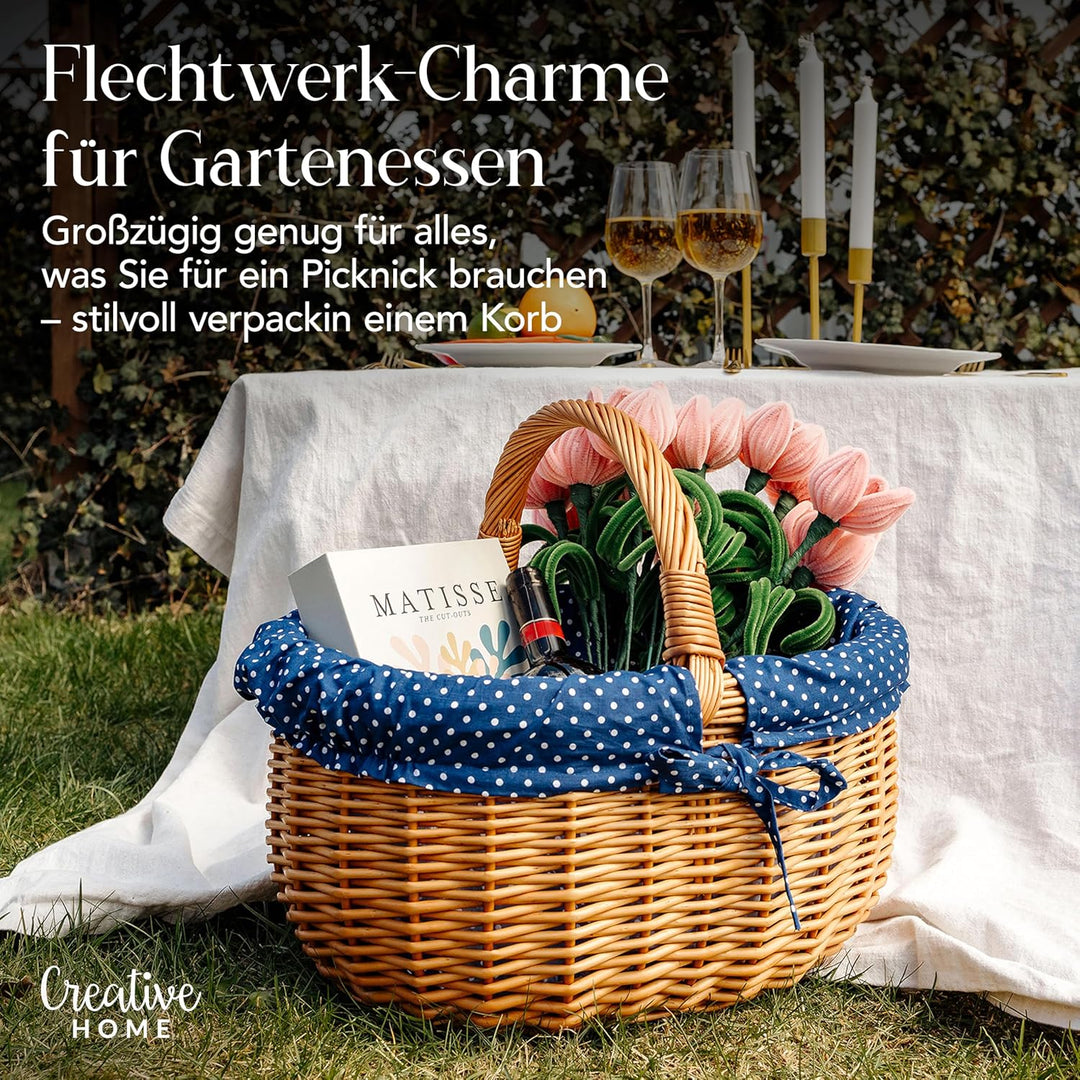 Creative Home Grosser Picknickkorb mit Stoffeinlage blau mit Pünktchen | Weidenkorb mit Henkel | Ein