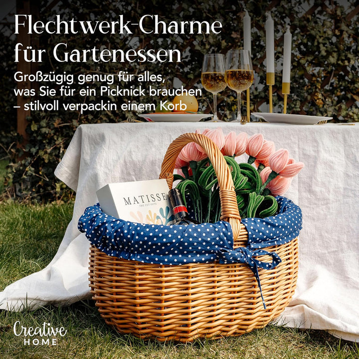 Creative Home Grosser Picknickkorb mit Stoffeinlage blau mit Pünktchen | Weidenkorb mit Henkel | Ein