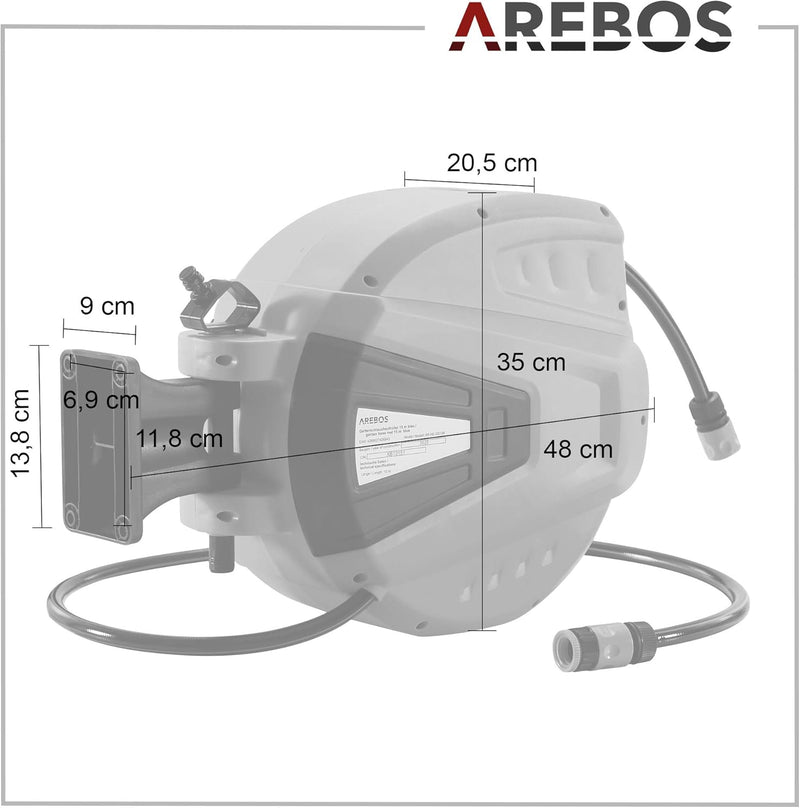 Arebos Schlauchaufroller | 15 m schwenkbare Schlauchtrommel | Wand-Schlauchbox mit Arretierstop | In