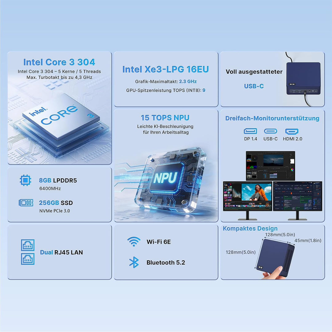 wo-we H8 Mini PC,mit Intel Core3 304 8GB LPDDR5 256GB SSD hellbraun, hellbraun