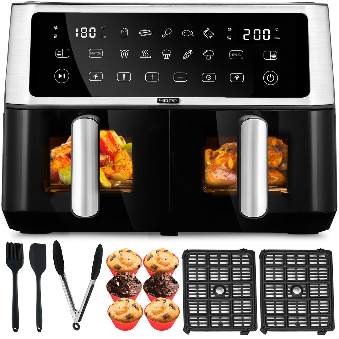 Yoer Heissluftfritteuse, 10L Airfryer, 2 Fächer, 6-in-1, 10 automatische Programme, Spülmaschinenfes