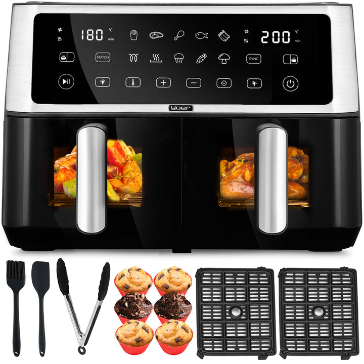 Yoer Heissluftfritteuse, 10L Airfryer, 2 Fächer, 6-in-1, 10 automatische Programme, Spülmaschinenfes