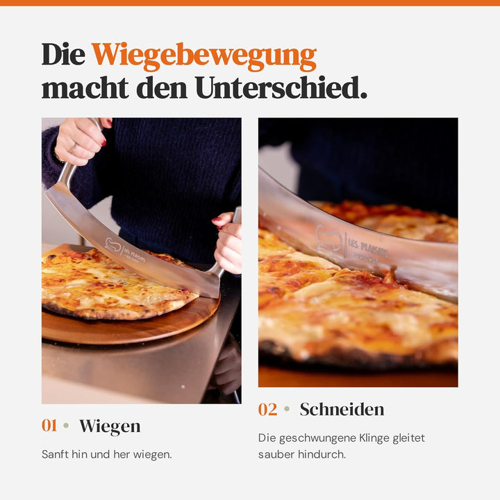 Extra scharfer Pizza Schneider/Pizzaschneider aus Edelstahl | Grosses Wiegemesser 30,5 cm mit Doppel