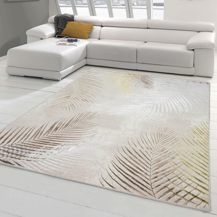 Teppich-Traum Designer Teppich Flur Wohn- & Schlafzimmer Palmenzweige Creme grau Gold Grösse 240x340