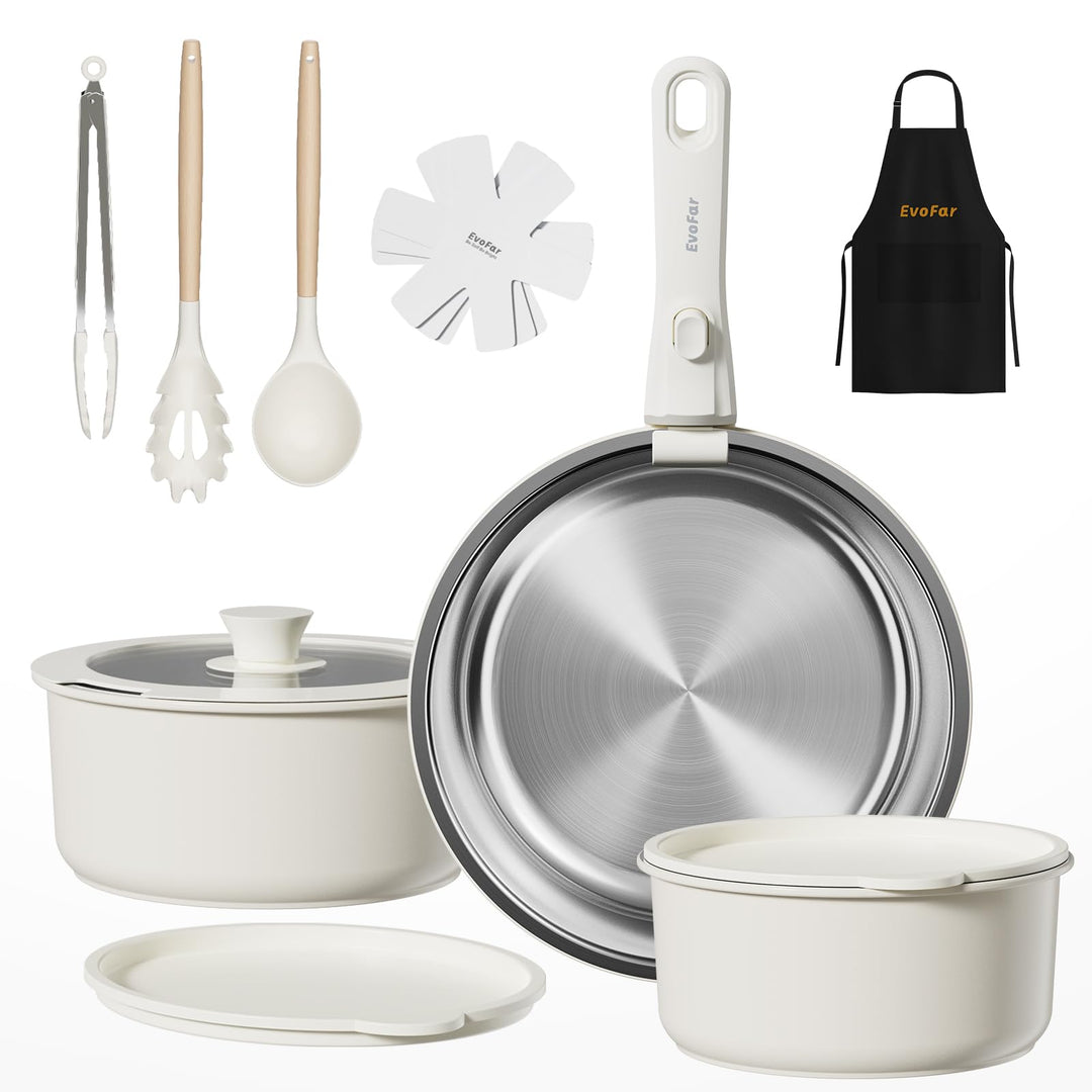 Topfsets Edelstahl Pfannenset 14Stk Keramik Kochgeschirr Set mit Abnehmbaren Griffen, Pfanne 24cm, T