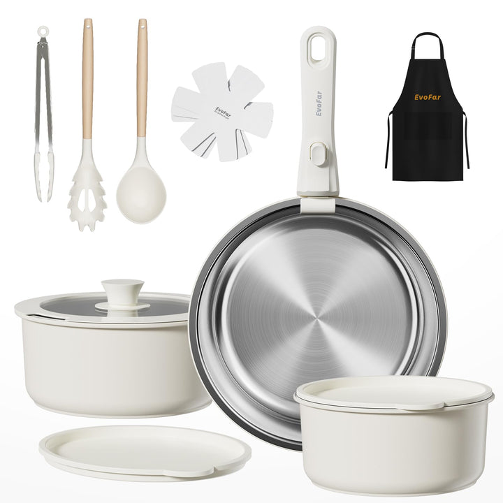 Topfsets Edelstahl Pfannenset 14Stk Keramik Kochgeschirr Set mit Abnehmbaren Griffen, Pfanne 24cm, T