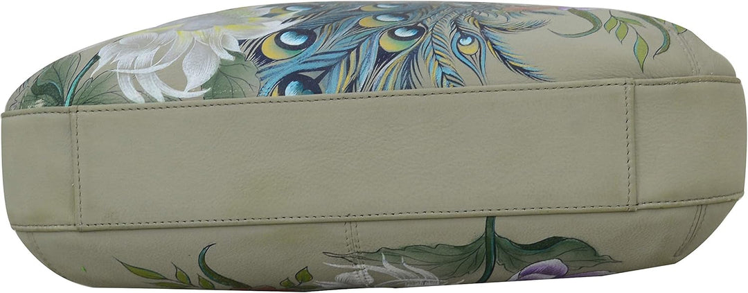 Anuschka Handbemalte Schmale Hobo Tasche, Erweiterbar, mit Crossbody Riemen Regal Pfau, Regal Pfau