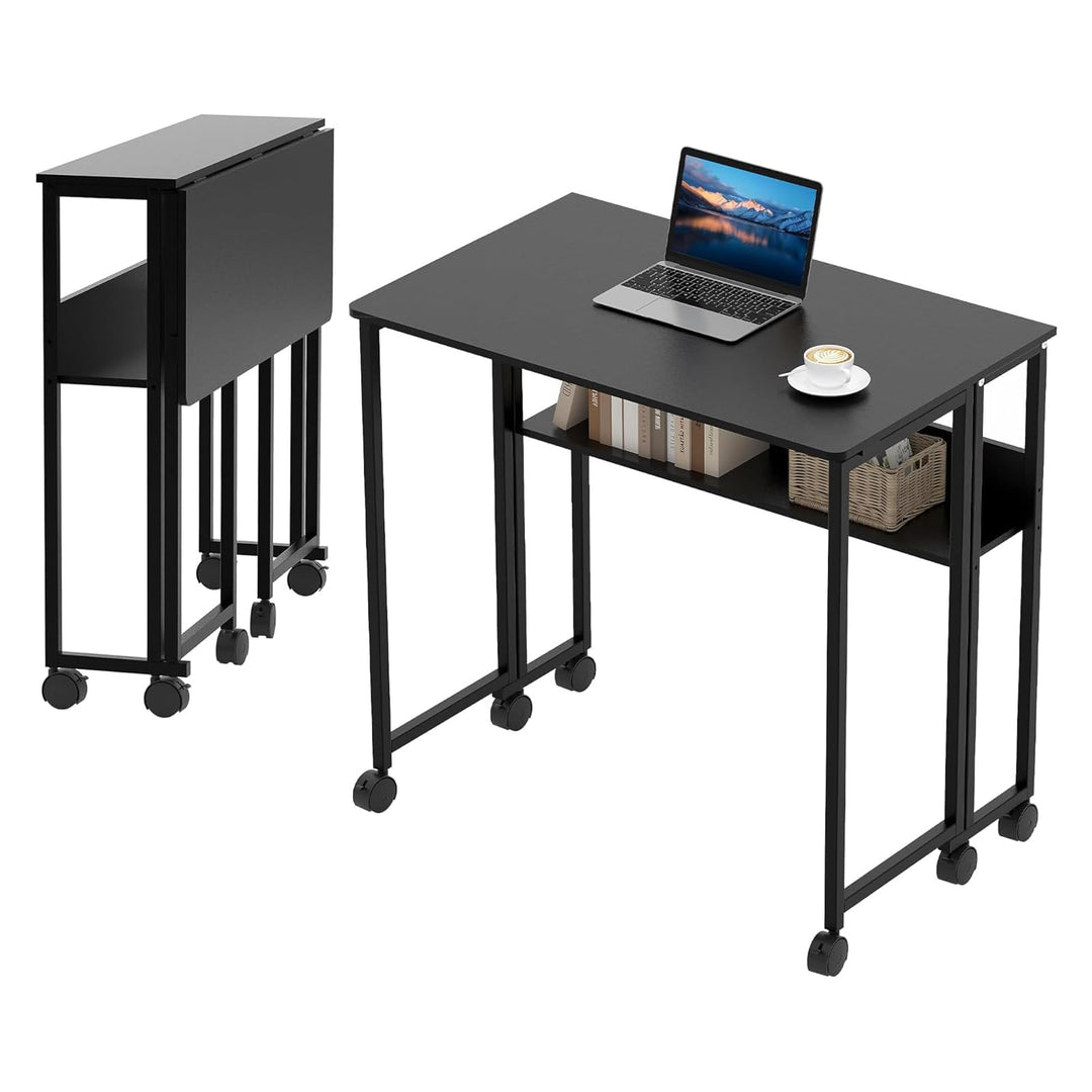 Klappbarer Schreibtisch Mit Rollen Und Stauraum, 63x50x75 cm Platzsparender Computertisch Für Home O