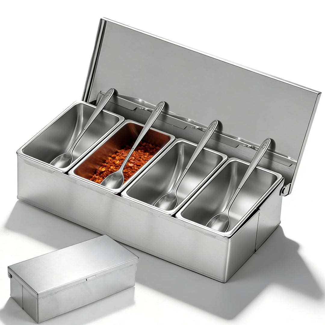 Zutatenbehälter Edelstahl 4 Fächern, 450ML Beilagenbehälter mit Deckel, 30x14x8cm Cocktail Zutatenbe