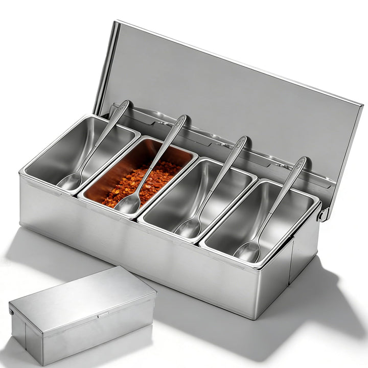 Zutatenbehälter Edelstahl 4 Fächern, 450ML Beilagenbehälter mit Deckel, 30x14x8cm Cocktail Zutatenbe
