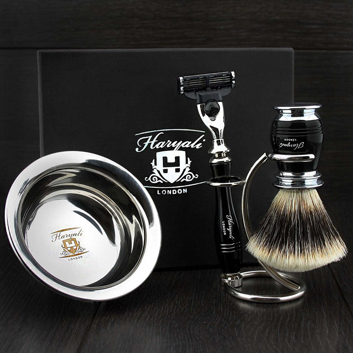 Haryali London Luxury Black Herren Rasierset 3 Edge Rasiermesser, Rasierpinsel, Rasierständer und Ra