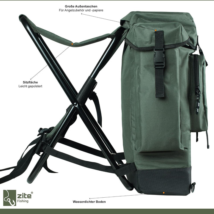 Zite Fishing Angelrucksack mit Stuhl - Rucksack-Stuhl Faltbar Angeln & Camping - Hocker Klappbar mit