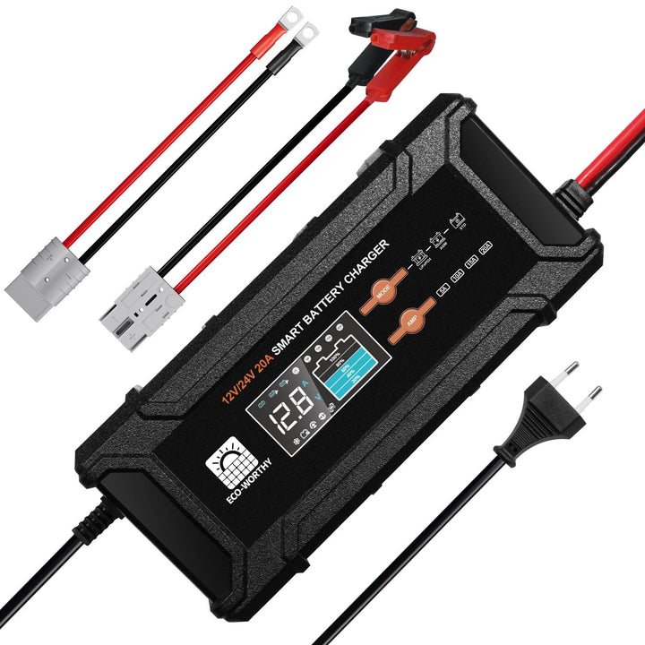 ECO-WORTHY 12V/24V 20A LiFePO4 Batterieladegerät mit Multi-Current Optionen 5A/10A/15A/20A,automatis