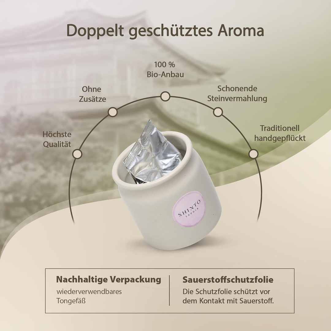 Matcha-Pulver Set Shinto® Saphir - mit Prime Grade Grüntee-Pulver, einzigartiger handgefertigter Sch