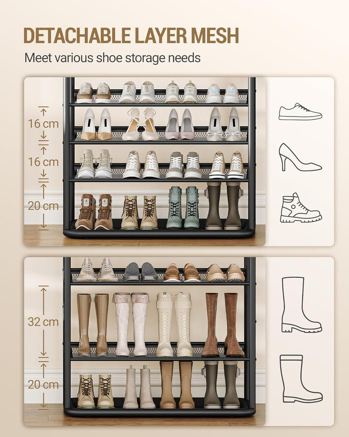 Hzuaneri 8-Stöckiges Schuhregal, 80 cm, 5 Haken, Schuhabtropfschale | Flache und Kippbare Gitternetz