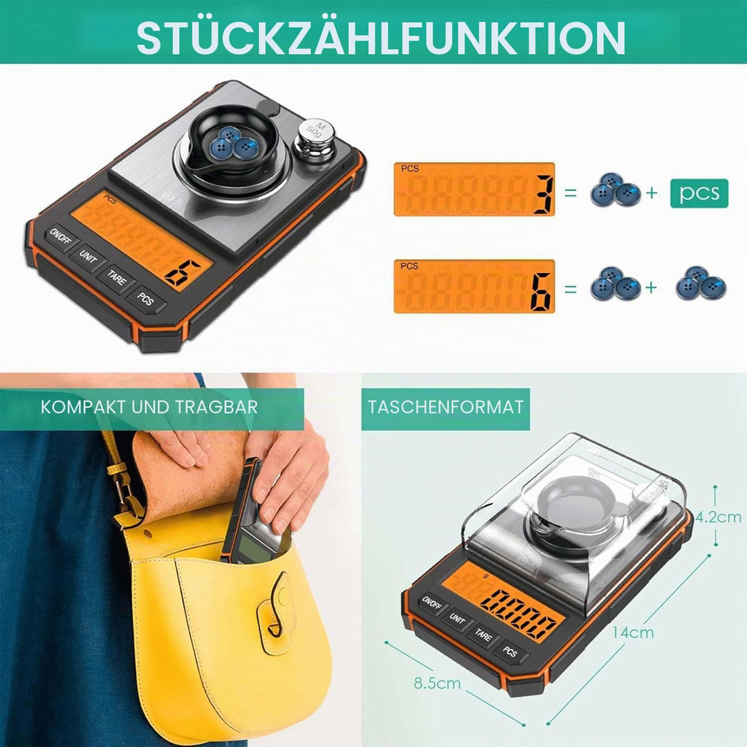 ORIA Präzisionswaage 0,001 g, Präzisionswaage, Taschenwaage mit Kalibriergewicht 50 g, Küchenwaage m