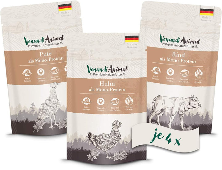 Venandi Animal Premium Nassfutter für Katzen, Probierpaket II, Pferd, Kalb, Truthahn, 12 x 125 g, 1.
