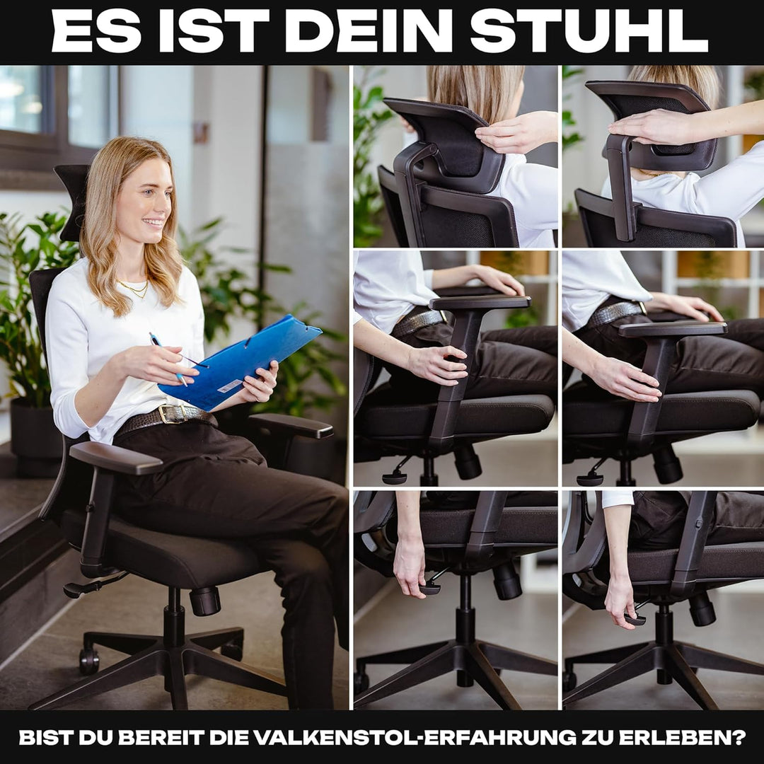 VALKENSTOL M3 Komfort Ergonomischer Bürostuhl 150 kg – [Höhenverstellbare Lordosenstütze] Schreibtis
