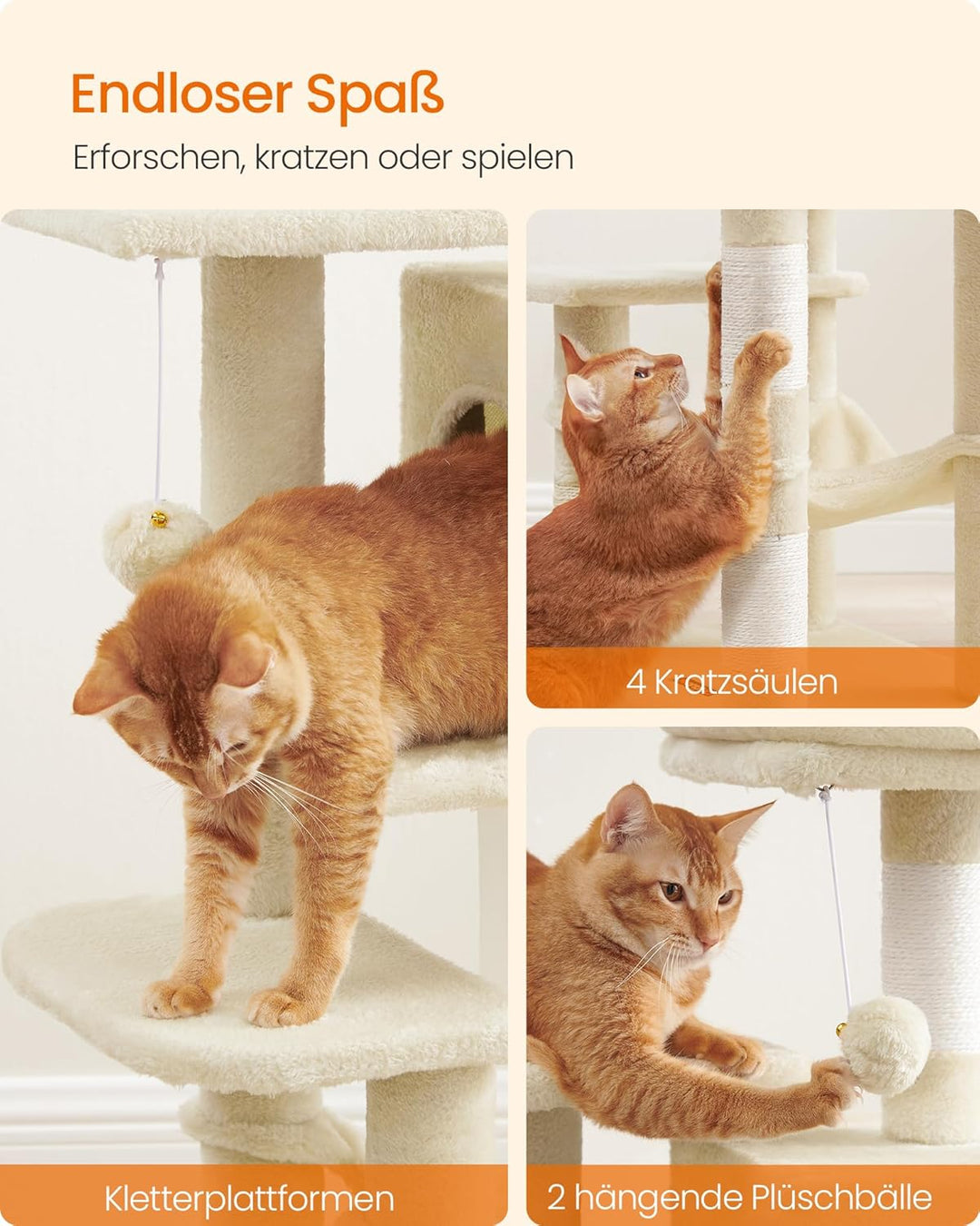 Feandrea Kratzbaum, 112 cm hoch, Katzenbaum, mehrstöckiges Katzenhaus, mit 4 Kratzsäulen, 2 Plattfor