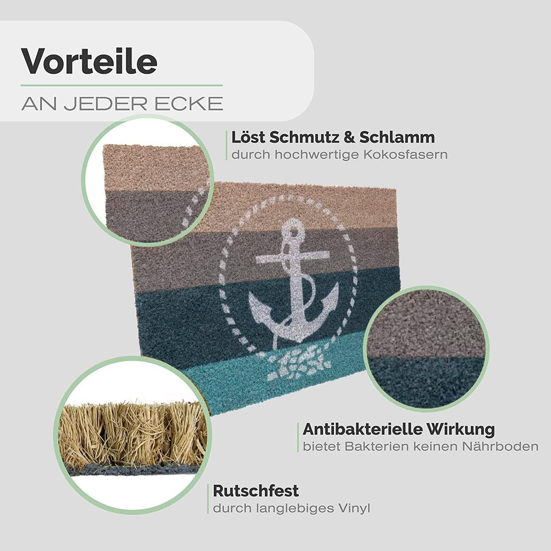 Entrando Kokos Fussmatte mit Anker Motiv für die Haustür - innen, aussen, robust, wetterfest, rutsch