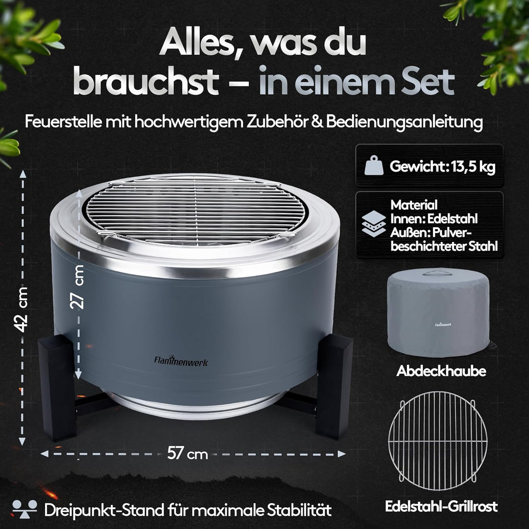 Rauchfreie Edelstahl Feuerschale Ø 56 cm| Raucharm Dank Turbo-Brenner | 2-in-1 Feuerstelle & Grill f