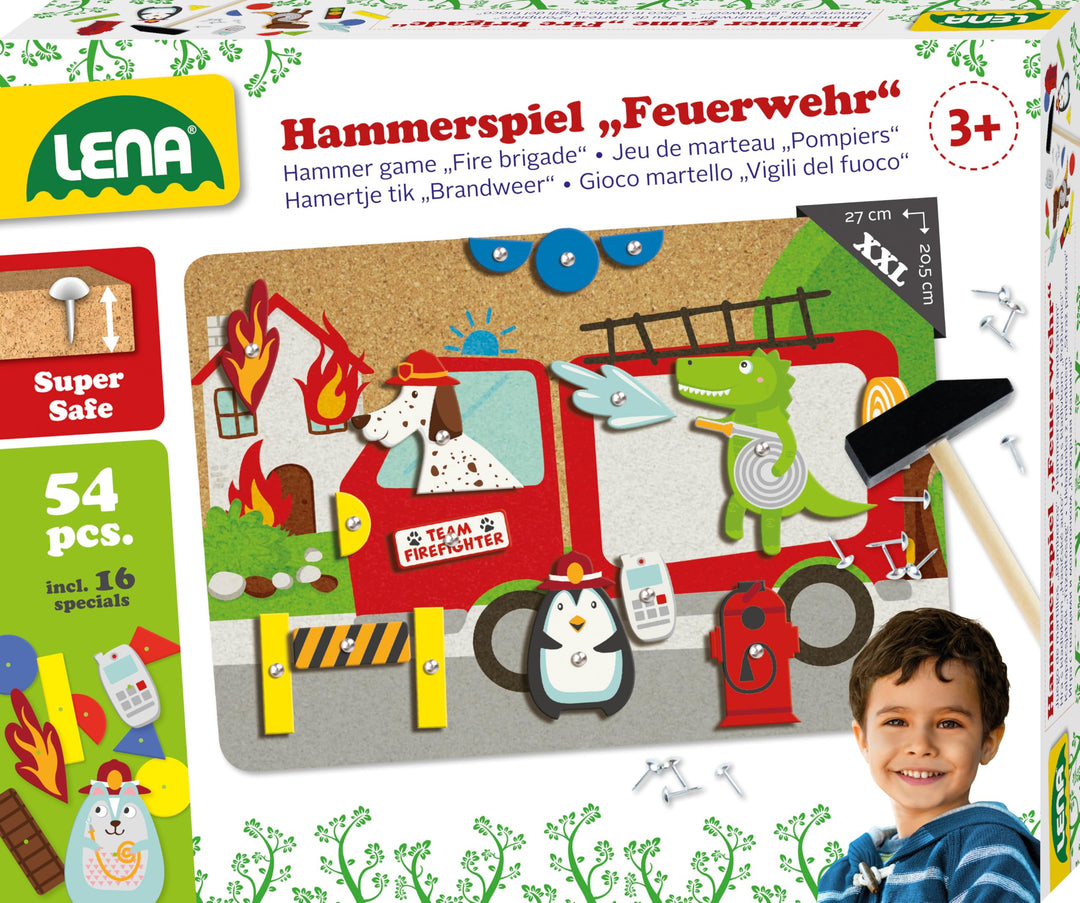 Lena 65836 - Hammerspiel Feuerwehr, Nagelspiel mit 38 farbigen Teilen &amp; 16 Sonderteile, XXL Grundpla