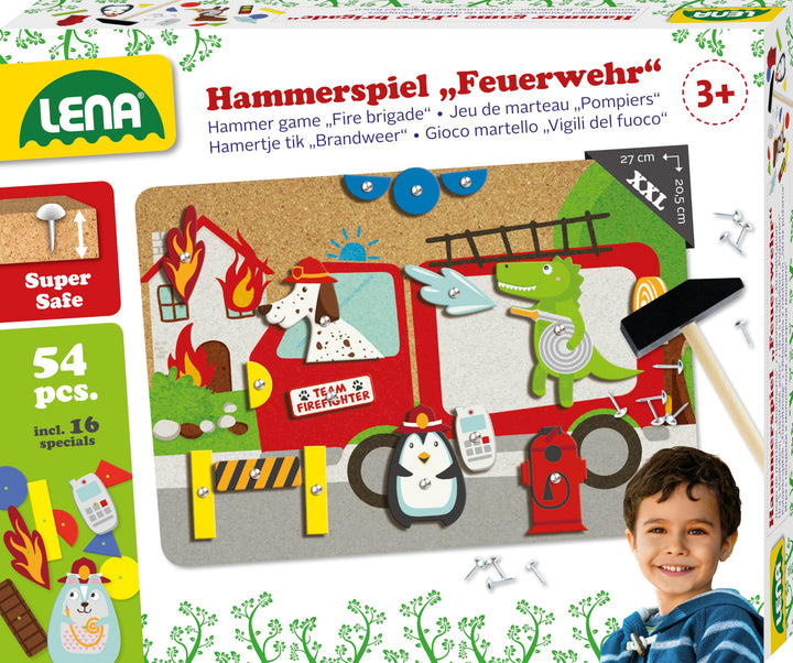 Lena 65836 - Hammerspiel Feuerwehr, Nagelspiel mit 38 farbigen Teilen &amp; 16 Sonderteile, XXL Grundpla