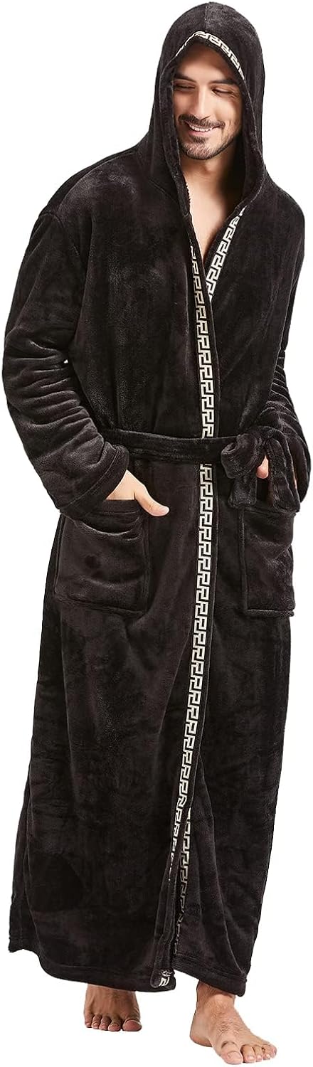 FashGudim Herren Kapuzenplüschbademantel in voller Länge. Flauschiger Bademantel für grosse und kräf