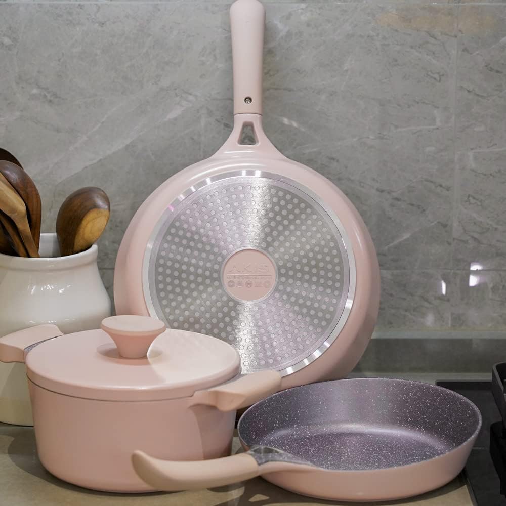 AKIS LE MACARON Pfannenset 4-Teilig, Bratpfanne 24/28cm Topf 20cm mit Deckel aus Aluminium Pastellro