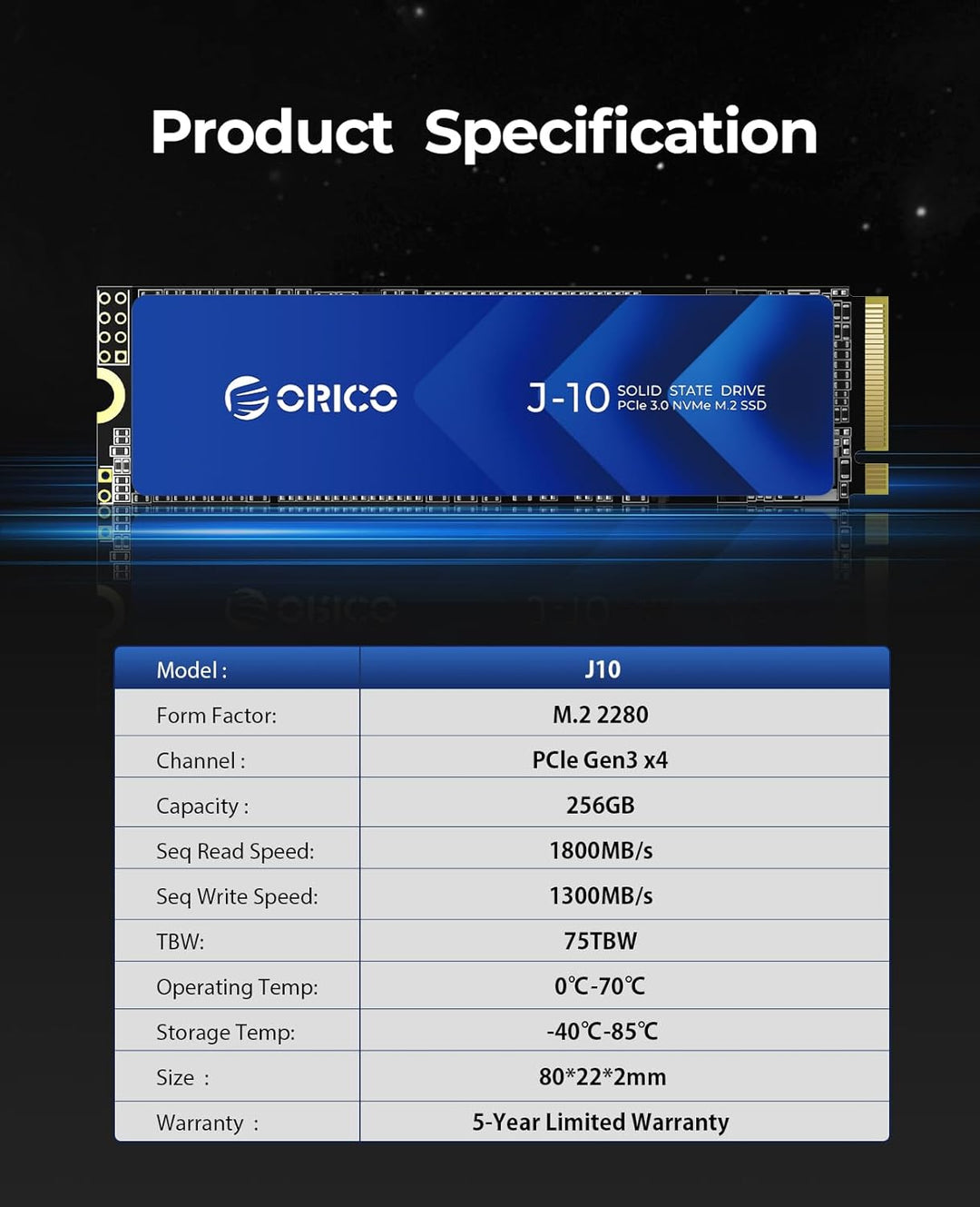 ORICO NVMe M.2 SSD 256G PCIe Gen3.0x4 2280, 3D NAND Interne SSD mit Kühlkörper, bis zu 1800 MB/s, In