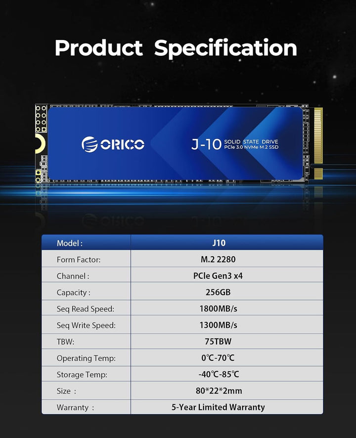 ORICO NVMe M.2 SSD 256G PCIe Gen3.0x4 2280, 3D NAND Interne SSD mit Kühlkörper, bis zu 1800 MB/s, In