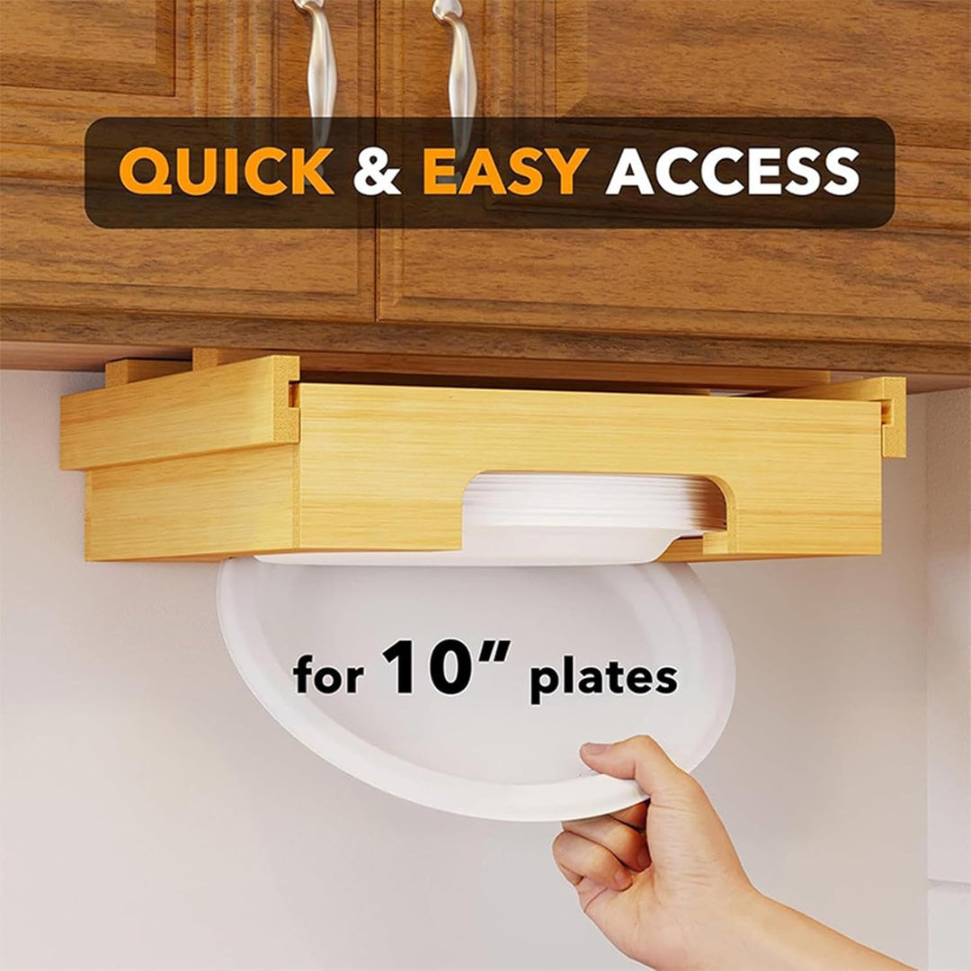 Cabinet Bamboo Plate Frame, Paper Plate Dispenser, Countertop Storage, 10.04x10.04 Inches Vertical H