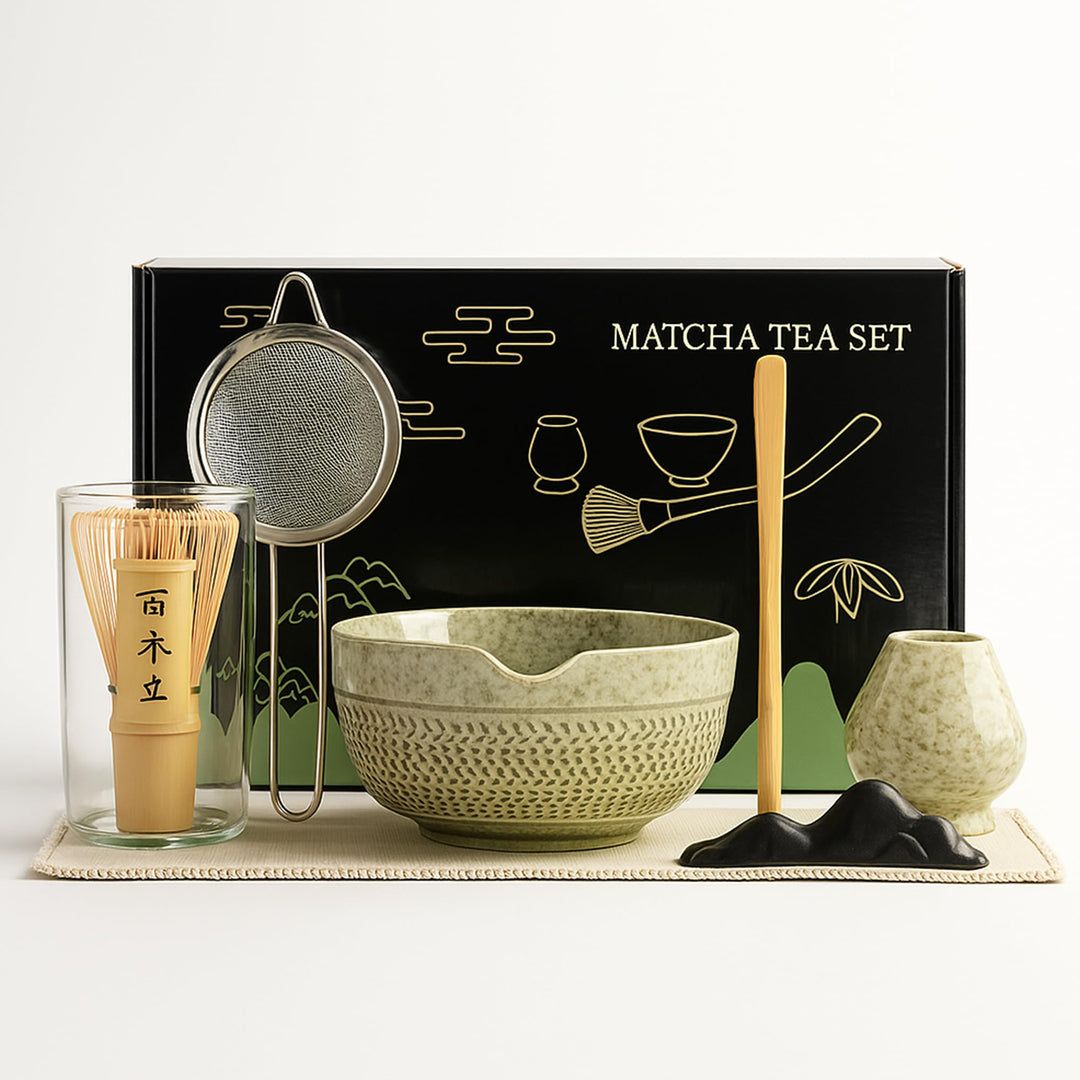 Matcha Set 7-teilig – Premium Tee Set mit Keramik Matcha Schale, Bambus Schneebesen (Chasen), Sieb &