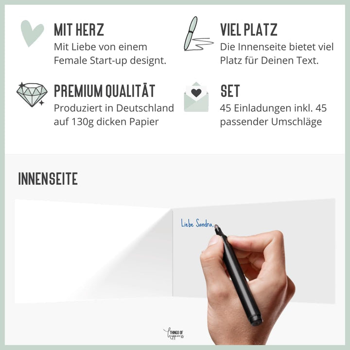 45 Einladungskarten inkl. Umschläge für Hochzeit, Standesamt, Geburtstag, Konfirmation, Kommunion, J