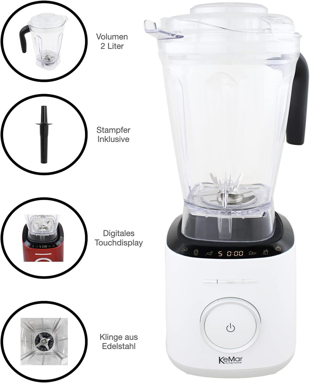 KeMar Standmixer, Hochleistungsmixer, Mixer (1500W, 2 Liter) + GRATIS Bambus Trinkhalme - mit Touch