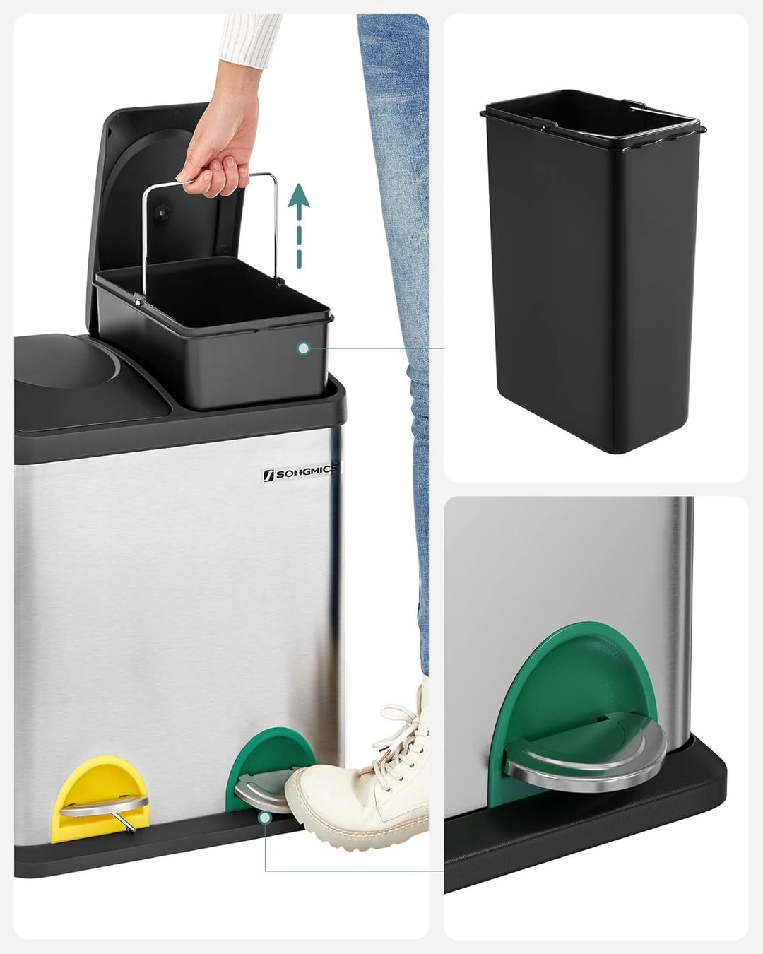 SONGMICS Mülleimer 30 Liter, Mülltrennung, 2 x 15 Liter, Abfalleimer, Treteimer mit Inneneimern, far