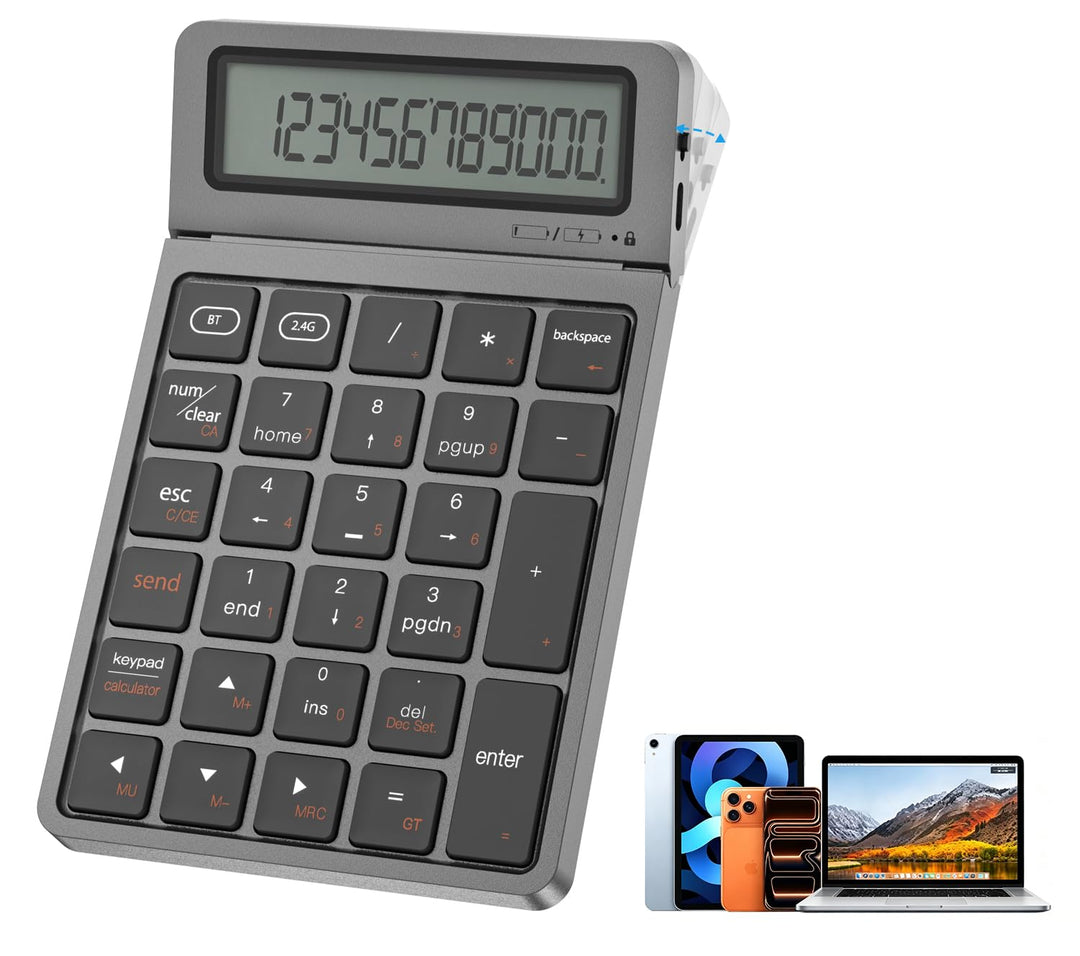 2-in-1 Wireless Bluetooth Number Pad, Bluetooth 5.0 &amp; 2.4G Numeric Keypad with Calculator &amp; Adjustab